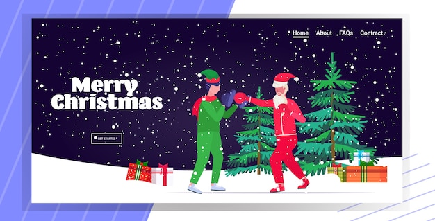 santa claus boxer practicing boxing exercises with elf helper workout healthy lifestyle christmas holidays celebration concept  landing page