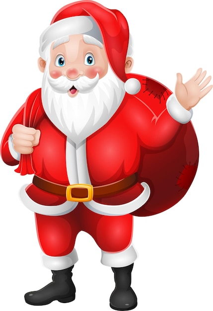 Santa claus carrying a bag of the presents waving hand