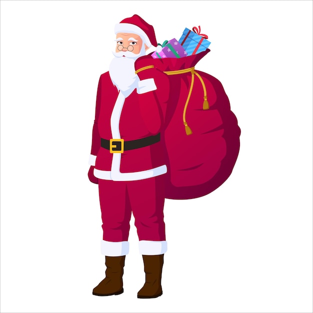 Santa Claus Carrying Big Gift Sack Bag, Christmas Vector Illustration