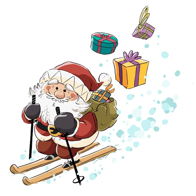 Santa Claus carrying gifts and skiing