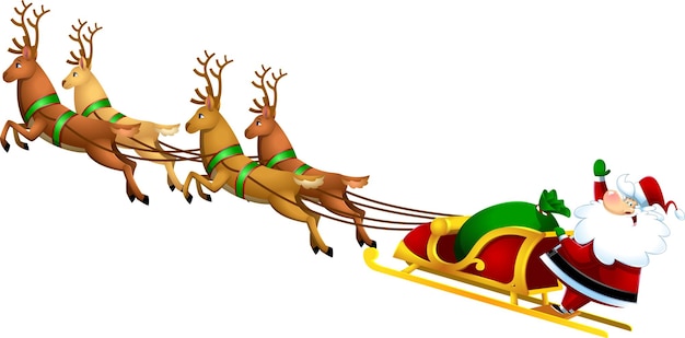 Santa Claus Cartoon Character A Reindeers Flying In A Sleigh