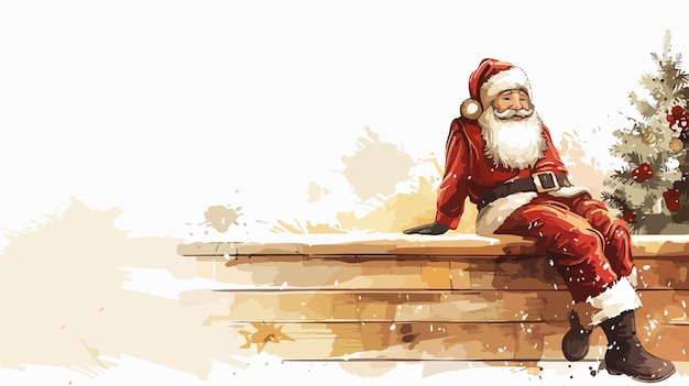 Santa Claus Cartoon Sitting on Wooden Blank Advertising Board