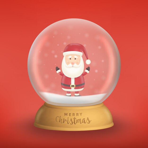 Santa Claus character illustration in a realistic snow globe on a light blue background