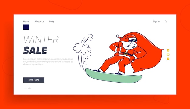 Santa Claus Character in Red Costume and Gift Sack Jump on Snowboard Landing Page Template. Winter Holidays Activity. Merry Christmas and Happy New Year Spare Time, Sport. Linear Vector Illustration