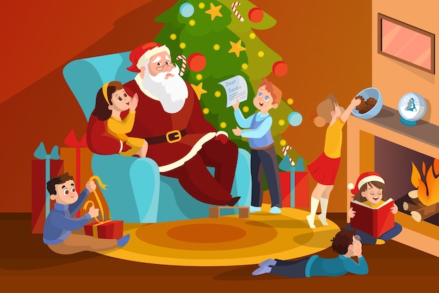 Santa Claus and children in the room celebrate Christmas holiday. Child at the tree in costume.  illustration in  style 