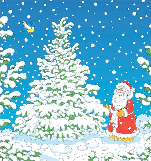 Santa Claus choosing a Christmas tree in a snowy winter forest for the fun holiday