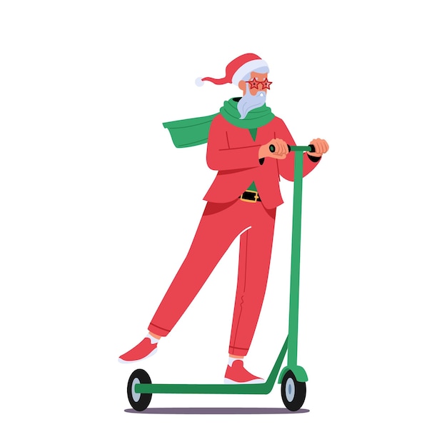 Santa Claus Christmas Character Riding Electric Scooter Cool Trendy Father Noel in Stylish Red Festive Suit and Hat