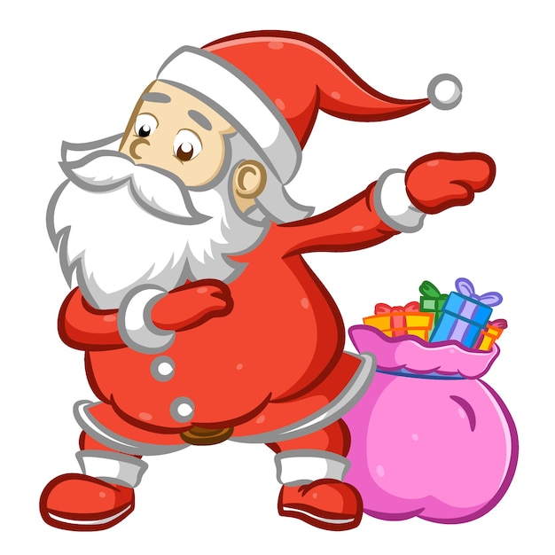 Santa Claus dancing beside a lot of gift in the pink sack