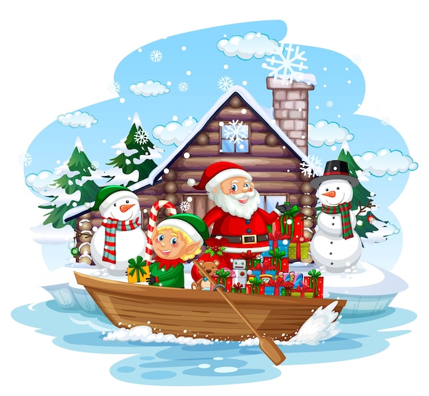 Santa Claus delivering gifts by row boat