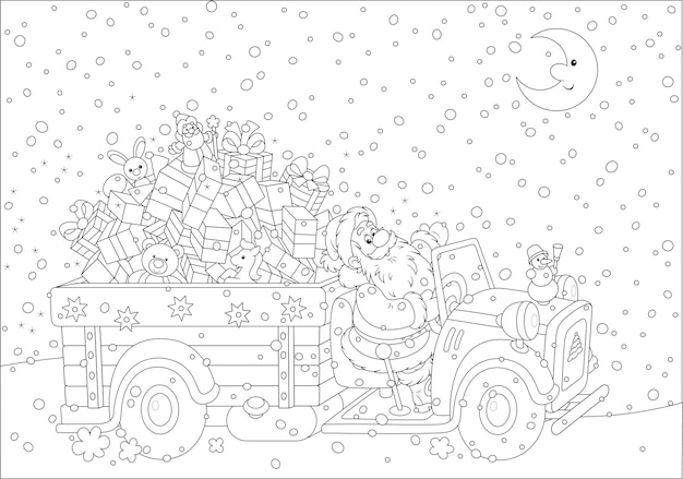 Santa Claus driving his car with gifts on the snowy night before Christmas