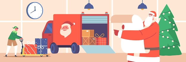 Santa Claus and Elf Helper Loading Gifts in Truck for Delivery to Kids Noel Christmas Character Reading List and Dwarf