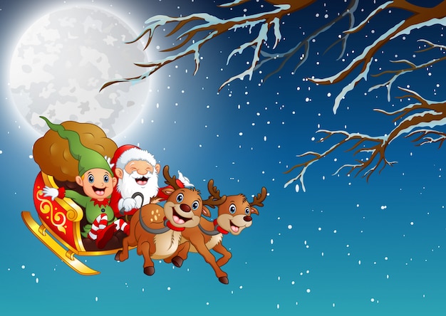 Santa Claus and elf riding a sleigh flying at winter night