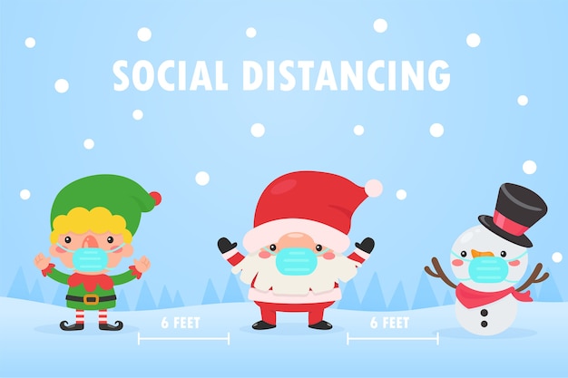 Santa claus, elf and snowman wearing masks and leave social space to prevent the corona during Christmas.