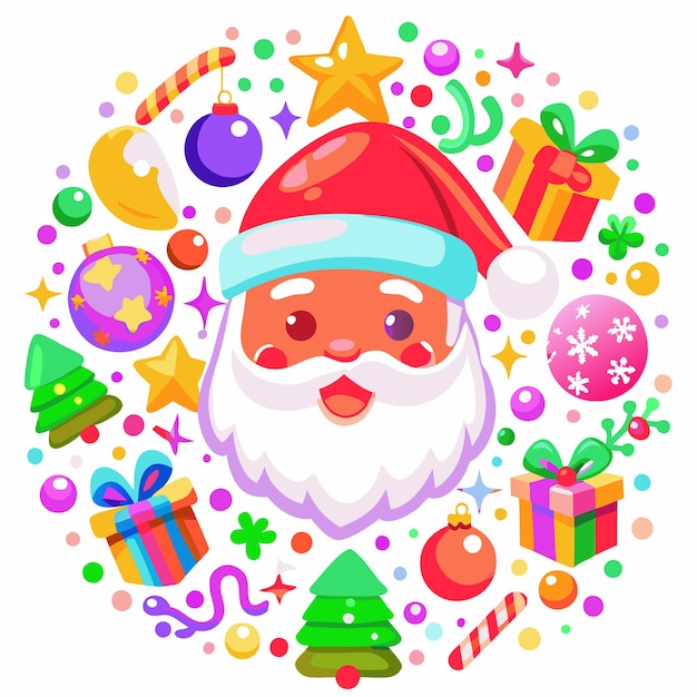 Vector santa claus festive holiday cheer with christmas gifts ornaments and trees