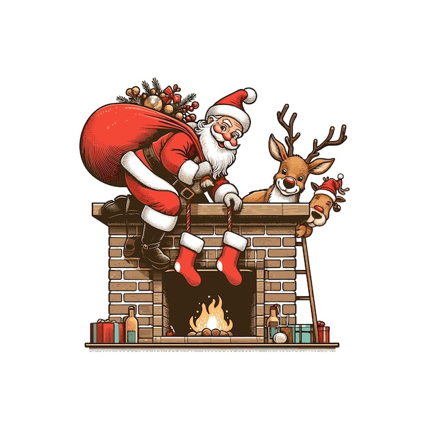 santa claus on a fireplace with a santa hat on Santa Claus and a reindeer delivering presents down