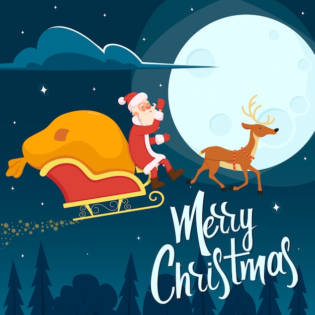 Santa claus flies through the night sky in a sleigh with a bag of gifts for children