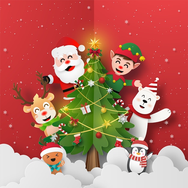 Santa Claus and friends with Christmas tree