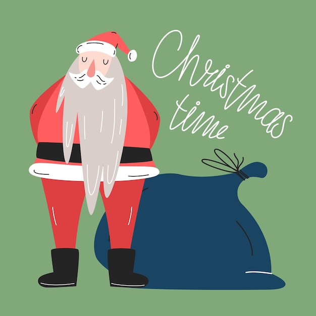 Santa Claus, gift bag, lettering.  illustration in hand-drawn style, minimalism, simple .