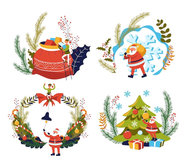 Santa Claus gifts and Xmas tree, Christmas and New Year, isolated icons vector. Elves and presents in sack, snowflake and door wreath with cane candies and bell. Winter holidays celebration party