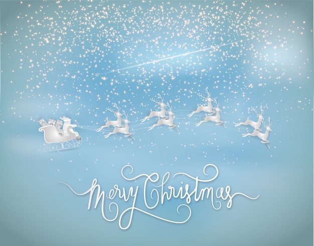 Santa claus giveing a gift with reindeer and stars is glitter in the sky. Paper art style.