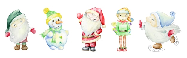 Santa Claus gnome snowman Watercolor Christmas characters