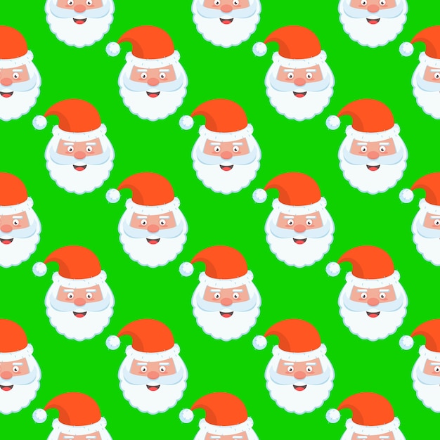 Santa Claus head on green background. Christmas and new year seamless pattern. Flat vector illustration.