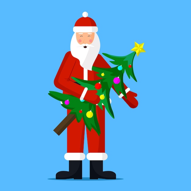 Santa Claus holding Christmas tree Merry Christmas and Happy New Year Vector illustration