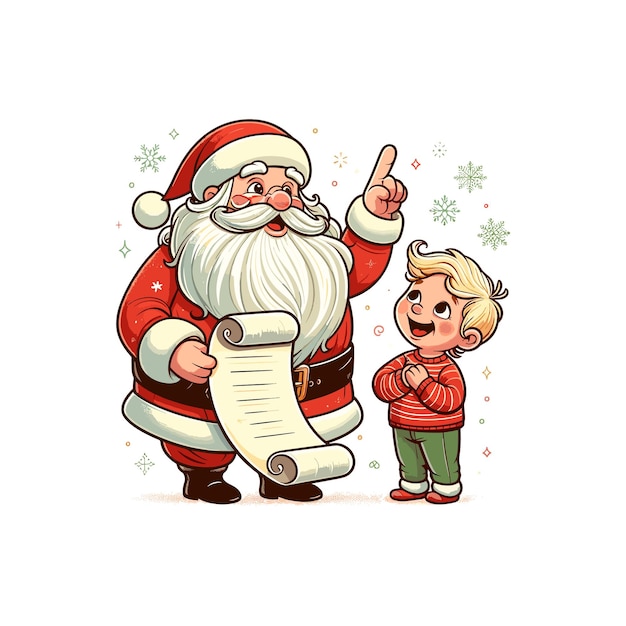 Santa Claus holding a list and pointing at a happy child