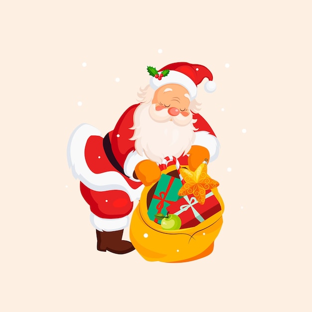 Santa Claus holding a Sack with Toys. Christmas Vector Illustration