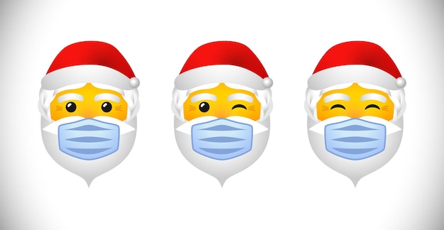 Santa Claus icons set. Bright character faces speaking ho-ho-ho with medical masks. Pandemic idea.