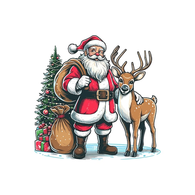 a santa claus is carrying a bag of presents Santa Claus and a reindeer posing together