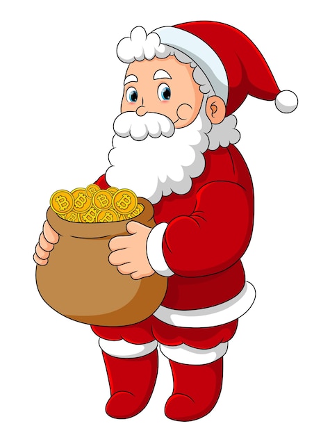 The santa claus is carrying a sack of bitcoins