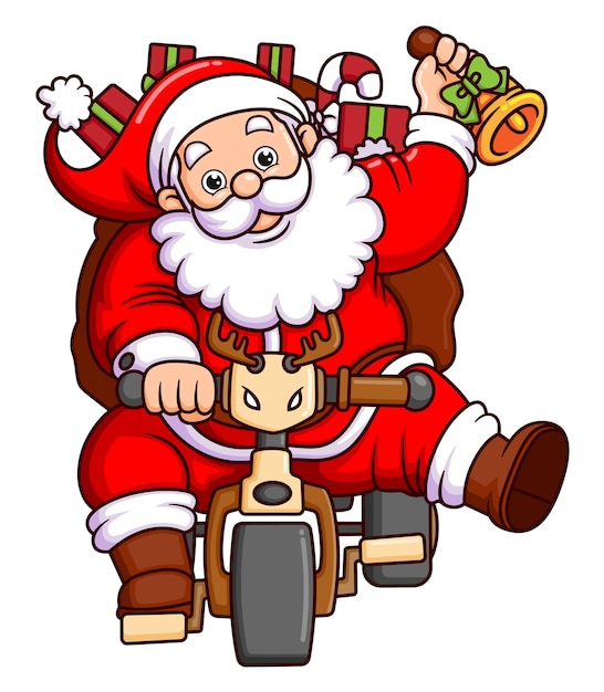 The santa claus is delivering gift boxes on a bicycle while ringing a bell