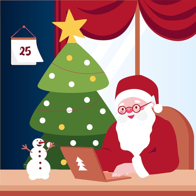 Santa Claus is sitting at a laptop Santa receives electronic letters with wishes Vector