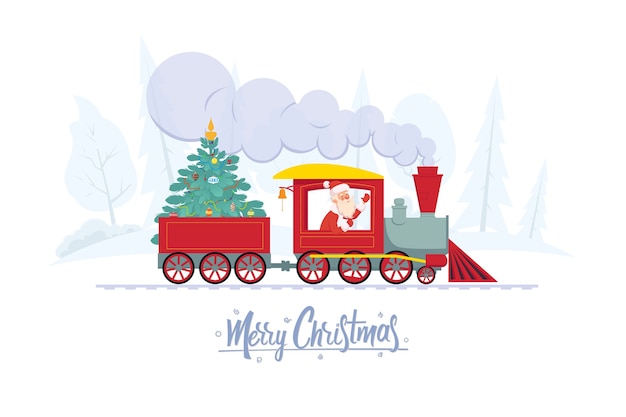 Santa Claus is taking a decorated Christmas tree to children for a holiday by train