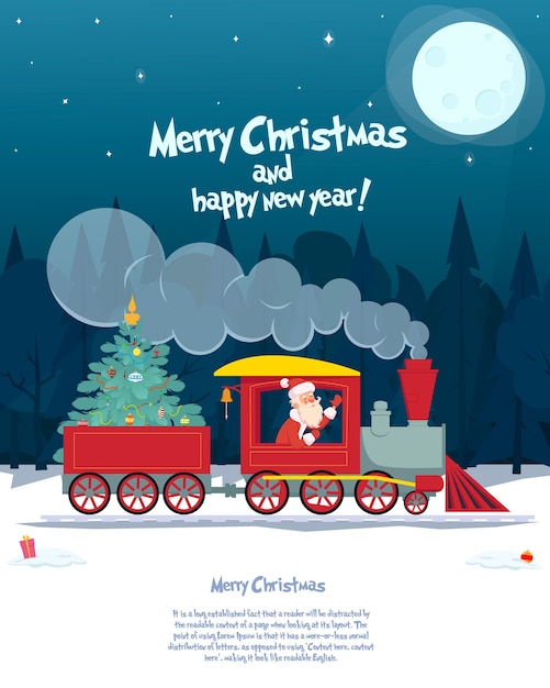 Santa Claus is taking a decorated Christmas tree to children for a holiday by train