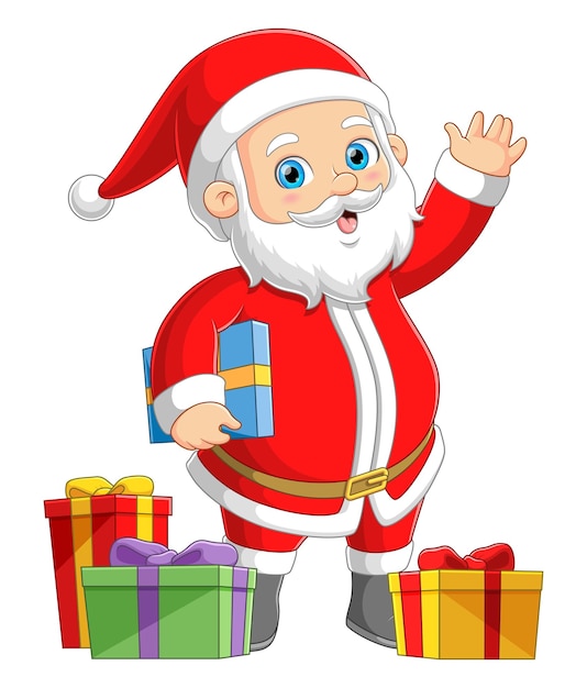 The Santa claus is waving hand and greeting someone while collecting gifts