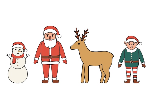 Santa Claus little elf snowman and deer character, doodle hand drawn. Christmas holiday season