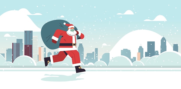 santa claus in mask running with sack full of gifts happy new year merry christmas holidays celebration concept winter cityscape background full length horizontal vector illustration