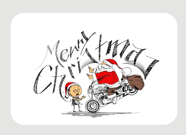 Santa claus on a motorcycle Merry Christmas! Greeting card design