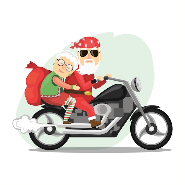 Santa Claus and Mrs. Claus riding on a steep motorcycle.  in a flat style.