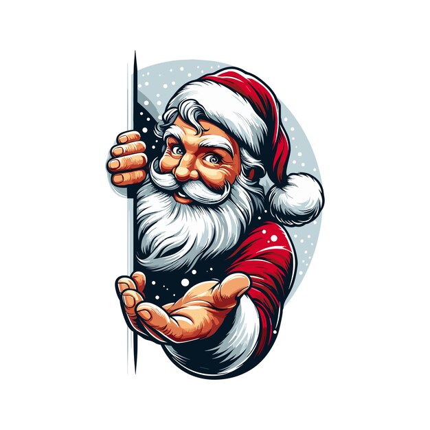 Vector santa claus peeking around a corner his hand raised