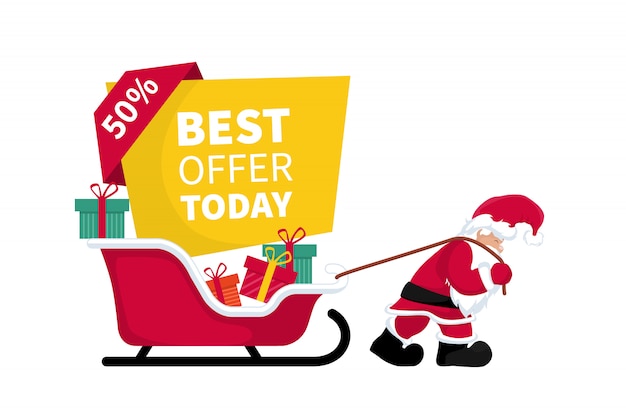 Vector santa claus pulling sledge with discount card and promotion