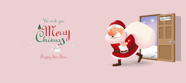 Santa Claus pulls a heavy white bag full of gifts come inside door with Merry Christmas message