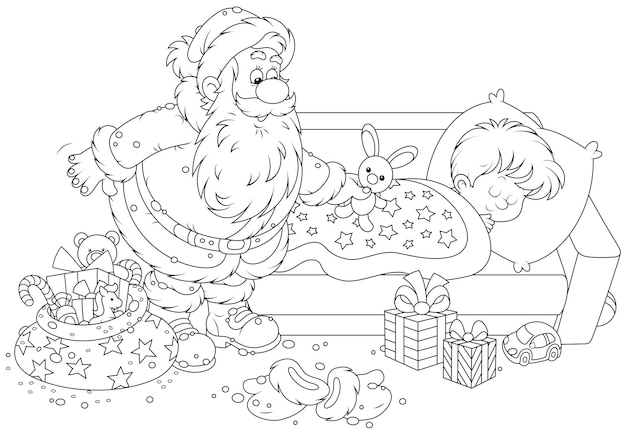 Santa Claus putting his gifts by the bed of a sleeping boy on the night before Christmas