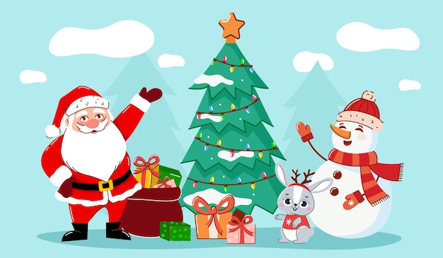 Santa Claus rabbit and snowman are standing near the Christmas tree with gifts