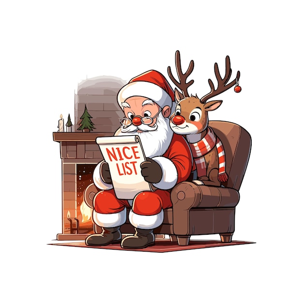 a santa claus reading a book with a deer Santa Claus reading a story to a reindeer