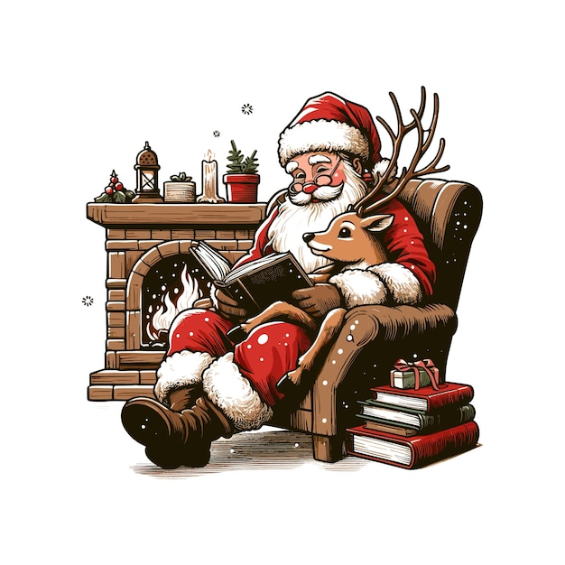 Santa Claus reading a story to a reindeer