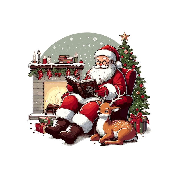 Santa Claus reading a story to a reindeer