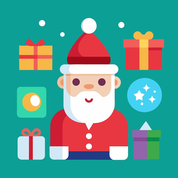 Vector santa claus in a red suit surrounded by presents snowflakes and a star